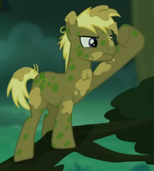 Size: 529x589 | Tagged: safe, screencap, coco crusoe, earth pony, pony, g4, the cutie re-mark, alternate timeline, camouflage, chrysalis resistance timeline, cropped, in a tree, lookout, male, mud, muddy, solo, stallion, standing, tree