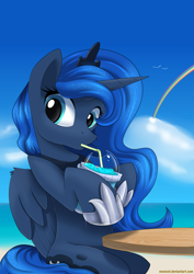 Size: 2893x4092 | Tagged: safe, artist:neoncel, princess luna, alicorn, bird, pony, seagull, g4, beach, cloud, crown, cup, cute, day, drink, drinking, drinking straw, female, high res, hnnng, hoof shoes, horn, jewelry, looking at you, lunabetes, mare, outdoors, peytral, princess shoes, rainbow, regalia, sitting, sky, slush ice, slushie, solo, straw, table, water, wings