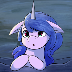 Size: 2048x2048 | Tagged: safe, artist:nari_artsz, izzy moonbow, pony, unicorn, g5, cute, female, floppy ears, horn, izzybetes, ocean, solo, swimming, water