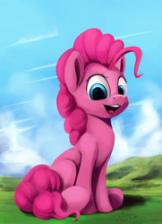Size: 1303x1800 | Tagged: safe, artist:insanerobocat, pinkie pie, earth pony, pony, g4, cute, diapinkes, female, grass, mare, open mouth, open smile, outdoors, signature, sitting, sky, smiling, solo