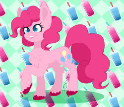 Size: 1500x1288 | Tagged: safe, artist:kofiipluffy, pinkie pie, earth pony, pony, g4, checkered background, chest fluff, female, patterned background, solo, unshorn fetlocks