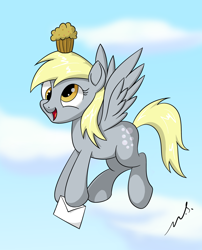 Size: 2420x3000 | Tagged: safe, artist:mercurysparkle, derpy hooves, pegasus, pony, g4, cloud, cute, derpabetes, female, flying, food, high res, letter, mare, muffin, open mouth, open smile, outdoors, signature, sky, smiling, solo, spread wings, wings