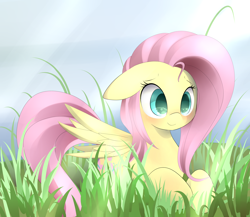 Size: 4200x3650 | Tagged: safe, artist:posionjoke, fluttershy, pegasus, pony, g4, blushing, cute, female, floppy ears, grass, high res, lying down, mare, outdoors, prone, shyabetes, smiling, solo, stray strand, wings