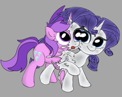 Size: 2612x2075 | Tagged: safe, artist:tomlooksatstuff, amethyst star, rarity, sparkler, goo, pony, unicorn, g4, assimilation, character to character, duo, fetish, gray background, horn, latex, liquid latex, living latex, simple background