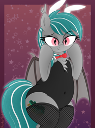 Size: 3016x4032 | Tagged: safe, artist:rainbowšpekgs, oc, oc only, oc:malachite cluster, bat pony, pony, abstract background, adorasexy, bat pony oc, belly, belly button, bipedal, bowtie, bunny ears, bunny suit, chest fluff, chubby, clothes, crossdressing, crotch bulge, cute, fangs, fishnet stockings, gradient background, male, partially open wings, sexy, smiling, socks, solo, stallion, stars, thigh highs, wings