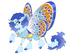 Size: 3600x2700 | Tagged: safe, artist:gigason, oc, oc only, oc:karner blue, changepony, hybrid, blue eyes, body markings, butterfly wings, colored hooves, colored pinnae, curved horn, freckles, gradient hooves, gradient mane, gradient tail, hair over one eye, hoof polish, horn, interspecies offspring, leonine tail, male, neck fluff, obtrusive watermark, offspring, parent:princess luna, parent:thorax, parents:thuna, raised hoof, shiny hooves, simple background, solo, sparkly mane, sparkly tail, stallion, striped horn, tail, transparent background, unshorn fetlocks, watermark, wings