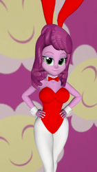 Size: 1080x1920 | Tagged: safe, artist:oatmeal!, part of a set, cheerilee, human, equestria girls, g4, 3d, accessory swap, big breasts, bowtie, breasts, bunny ears, bunny girl, bunny suit, clothes, costume, cutie mark, easter, gmod, hand on hip, holiday, legs together, leotard, looking at you, simple background, solo, tight clothing, tights, wide hips