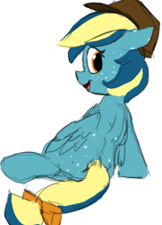 Size: 721x994 | Tagged: safe, artist:hazaplan, oc, oc only, oc:dusty feather, pegasus, aggie.io, bow, female, freckles, happy, hat, lying down, mare, ponerpics import, rear view, simple background, sketch, solo, tail, tail bow, white background