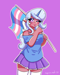 Size: 2400x3000 | Tagged: safe, artist:mylittleyuri, trixie, human, :p, clothes, cute, dark skin, diatrixes, elf ears, female, horn, horned humanization, humanized, one eye closed, pride, pride flag, purple background, shirt, simple background, skirt, solo, stockings, thigh highs, tongue out, trans female, trans trixie, transgender, transgender pride flag, wink