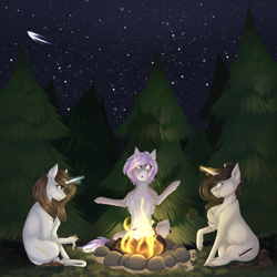 Size: 2449x2449 | Tagged: safe, artist:pixelberrry, oc, oc only, earth pony, pony, unicorn, campfire, female, horn, magic, mare, night, tree