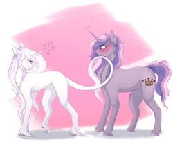Size: 2400x1970 | Tagged: safe, artist:pixelberrry, fleur-de-lis, oc, oc:cupid, pony, unicorn, g4, blushing, concave belly, duo, horn, leonine tail, male, offspring, parent:princess cadance, parent:shining armor, parents:shiningcadance, ribs, seduction, simple background, slender, stallion, standing on two hooves, tail, tail seduce, thin, transparent background