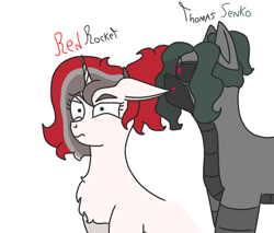 Size: 1240x1058 | Tagged: safe, artist:thomas.senko, oc, oc only, oc:red rocket, unicorn, biting, chest fluff, duo, ear bite, horn, simple background, white background, wholesome
