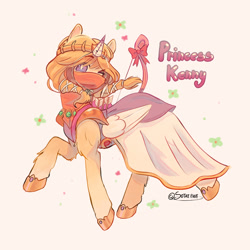 Size: 1000x1000 | Tagged: safe, artist:sotaiewe, pegasus, pony, 2023, arrow, bow, bow (weapon), clothes, crossdressing, dress, fake horn, kenny mccormick, looking at you, male, one eye closed, ponified, princess kenny, signature, simple background, solo, south park, south park: the stick of truth, wink