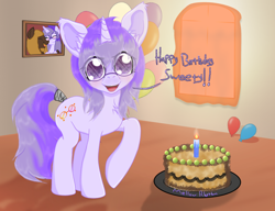 Size: 2160x1660 | Tagged: safe, artist:mellow91, artist:wojtek-ツ, derpibooru exclusive, oc, oc only, oc:glass sight, oc:mellow rhythm, pegasus, pony, unicorn, balloon, beard, blushing, cake, candle, couple, cute, daaaaaaaaaaaw, duo, eye clipping through hair, facial hair, female, framed picture, gift art, glasses, happy birthday, heart, horn, living room, looking at you, love, male, mare, name tag, oc x oc, ocbetes, offscreen character, open mouth, pov, present, shipping, smiling, smiling at you, solo, stallion, straight, sunlight, teeth, window, wingding eyes