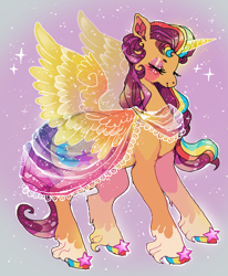 Size: 700x850 | Tagged: safe, artist:suippumato, sunny starscout, alicorn, earth pony, pony, g5, artificial horn, artificial wings, augmented, blush sticker, blushing, clothes, coat markings, dress, eyes closed, eyeshadow, female, gradient background, hoof fluff, hooves, horn, large butt, magic, magic horn, magic wings, makeup, mane stripe sunny, mare, multicolored hooves, race swap, see-through, smiling, socks (coat markings), solo, sparkles, sunnycorn, thighs, thunder thighs, unshorn fetlocks, wings