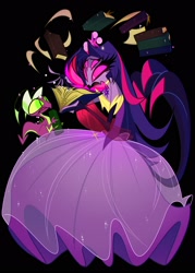 Size: 1500x2100 | Tagged: safe, artist:entropystar, spike, twilight sparkle, bird, demon, imp, owl, anthro, g4, bare shoulders, bird demon, black background, book, clothes, crossover, cutie mark accessory, cutie mark necklace, dress, duo, duo male and female, female, four eyes, gown, hazbin hotel, hellaverse, hellborn, helluva boss, jewelry, male, multiple eyes, necklace, owl demon, panicking, simple background, species swap, spellbook