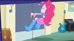Size: 1063x596 | Tagged: safe, pinkie pie, human, equestria girls, equestria girls (app), g4, arms, boombox, boots, bow, bracelet, breasts, bust, classroom, clothes, door, drums, electric guitar, female, fingers, game screencap, gritted teeth, guitar, hand, high heel boots, jacket, jewelry, legs, locked, long hair, musical instrument, open mouth, pulling, shirt, shoes, short sleeves, skirt, solo, sweat, teenager, teeth, vest, wall