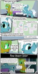 Size: 1519x2942 | Tagged: safe, artist:mrkm, oc, oc only, oc:electric silver light, oc:hard sprocket, unicorn, comic:synthesis, bed, boop, dialogue, duo, female, horn, lying down, male, mare, old ponish, on back, paper, pony font, self-boop, speech bubble, stallion, unicorn oc, unshorn fetlocks