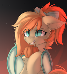 Size: 3688x4044 | Tagged: safe, artist:lunylin, oc, oc only, oc:sunshine drift, bat pony, pony, bat ears, bat pony oc, bat wings, bow, chest fluff, eye clipping through hair, female, hair bow, high res, mare, mouth hold, signature, slit pupils, solo, wings