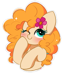 Size: 2635x2971 | Tagged: safe, artist:kittyrosie, pear butter, earth pony, pony, g4, blushing, cute, female, flower, flower in hair, heart, heart eyes, kittyrosie is trying to murder us, mare, one eye closed, pearabetes, simple background, solo, transparent background, wingding eyes, wink