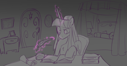 Size: 1674x874 | Tagged: safe, artist:villyapologist, twilight sparkle, alicorn, pony, g4, alternate design, bed, book, chest fluff, desk, door, female, glowing, glowing horn, horn, inkwell, long horn, magic, mare, older, older twilight, open book, paper, ponytail, quill, raised hoof, redesign, scroll, sitting, sketch, small wings, solo, telekinesis, twilight sparkle (alicorn), wings