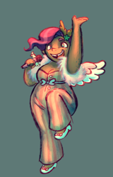 Size: 600x938 | Tagged: safe, artist:villyapologist, pipp petals, human, g5, arm freckles, breasts, chubby, cleavage, clothes, colored eyebrows, colored wings, colored wingtips, dress suit, feather boa, female, freckles, green background, green eyes, holding, humanized, microphone, open mouth, open smile, pink hair, raised leg, shoes, simple background, smiling, solo, spread wings, tan skin, tooth gap, two toned hair, two toned wings, winged humanization, wings