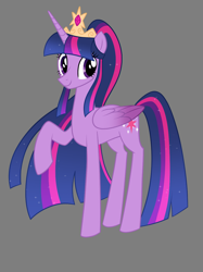 Size: 1028x1372 | Tagged: safe, artist:villyapologist, twilight sparkle, alicorn, pony, g4, alternate design, big eyes, colored wings, concave belly, crown, ethereal mane, eyelashes, female, gradient wings, gray background, horn, jewelry, lanky, long bangs, long horn, long legs, long mane, looking back, mare, multicolored mane, multicolored tail, older, older twilight, ponytail, purple eyes, raised hoof, redesign, regalia, simple background, skinny, smiling, solo, starry mane, starry tail, tail, tall, thin, tiara, twilight sparkle (alicorn), two toned wings, vector, wings