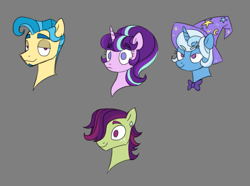 Size: 1035x771 | Tagged: safe, artist:villyapologist, discord, starlight glimmer, thorax, trixie, pony, unicorn, g4, alternate design, alternate universe, beard, blue coat, blue mane, bowtie, bust, clothes, colored eyebrows, ear piercing, earring, eyebrows, eyebrows visible through hair, facial hair, female, freckles, frown, gray background, green coat, group, hat, horn, jewelry, lidded eyes, long description, looking at you, male, mare, narrowed eyes, piercing, pink coat, ponified, pony discord, ponytail, purple eyes, purple mane, red eyes, short mane, simple background, smiling, species swap, stallion, trixie's hat, two toned mane, yellow coat