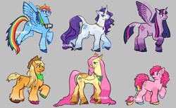 Size: 1280x788 | Tagged: safe, artist:menmyshelf, applejack, fluttershy, pinkie pie, rainbow dash, rarity, twilight sparkle, alicorn, earth pony, pegasus, pony, unicorn, g4, alternate cutie mark, alternate design, alternate hairstyle, alternate tailstyle, applejack's hat, blonde mane, blonde tail, blue coat, blue eyes, bow, braid, chest fluff, chubby, coat markings, colored belly, colored eartips, colored eyebrows, colored hooves, colored horn, colored muzzle, colored pinnae, colored wings, cowboy hat, curly mane, curly tail, curved horn, dappled, diverse body types, ear fluff, ear tufts, eyelashes, eyeshadow, facial markings, female, flower, flower in hair, flying, folded wings, freckles, goggles, gray background, group, hair bow, hairclip, hat, hoof polish, horn, horn jewelry, jewelry, leonine tail, lidded eyes, long mane, long tail, looking back, makeup, mane six, mare, multicolored hair, multicolored hooves, multicolored mane, multicolored tail, multicolored wings, necklace, orange coat, physique difference, pink coat, pink eyes, profile, purple coat, purple eyes, purple mane, purple tail, rainbow hair, rainbow tail, raised hoof, redesign, scar, short, signature, simple background, slender, smiling, socks (coat markings), spread wings, standing, tail, tail bow, tall, tallershy, thin, twilight sparkle (alicorn), two toned mane, two toned tail, unshorn fetlocks, wall of tags, wavy mane, wavy mouth, wavy tail, white coat, wings, yellow coat, yellow mane, yellow tail