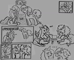 Size: 1280x1042 | Tagged: safe, artist:menmyshelf, fluttershy, pinkie pie, earth pony, pegasus, pony, g4, ><, bouncing, braid, comic, curly mane, curly tail, dialogue, duo, duo female, eyes closed, female, fetlock tuft, floppy ears, folded wings, grayscale, hat, lesbian, long mane, long tail, mare, monochrome, open mouth, open smile, party hat, prank, present, ship:flutterpie, shipping, sitting, smiling, speech bubble, spread wings, standing, starry eyes, tail, text, wingding eyes, wings