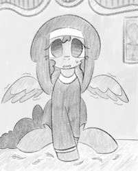 Size: 1020x1270 | Tagged: safe, artist:castafae, oc, oc only, oc:autumnal potpourri, pegasus, pony, blind, feather, female, flustered, grayscale, mare, monochrome, nun, partially open wings, shaking, sitting, solo, wings