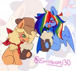 Size: 2075x1940 | Tagged: safe, artist:emoboy130, applejack, rainbow dash, earth pony, pegasus, pony, alcohol, applejack's hat, bandana, beer, blonde mane, blue coat, blushing, chest fluff, colored ear fluff, colored sclera, cowboy hat, drink, drinking, drool, duo, duo female, ear fluff, eyelashes, female, green eyes, hat, hoof hold, looking at someone, looking down, mare, multicolored hair, multicolored mane, orange coat, partially open wings, pink eyes, ponytail, rainbow hair, raised hoof, signature, sitting, wingding eyes, wings, yellow mane, zoom layer