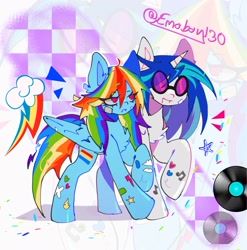 Size: 2153x2179 | Tagged: safe, artist:emoboy130, dj pon-3, rainbow dash, vinyl scratch, pegasus, pony, unicorn, g4, bandaid, blue coat, blue mane, chest fluff, colored ear fluff, cutie mark background, duo, duo female, ear fluff, eye clipping through hair, eyebrows, eyebrows visible through hair, female, folded wings, horn, long mane, long tail, mare, messy mane, multicolored hair, multicolored mane, open mouth, open smile, pink eyes, rainbow hair, rainbow tail, raised hoof, signature, smiling, sticker, tail, two toned mane, vinyl's glasses, walking, white coat, wing fluff, wingding eyes, wings, zoom layer