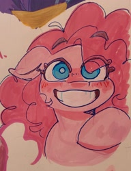 Size: 2292x2989 | Tagged: safe, artist:channydraws, pinkie pie, earth pony, pony, g4, blushing, eyebrows, eyebrows visible through hair, female, floppy ears, grin, high res, looking at you, mare, smiling, smiling at you, solo, traditional art
