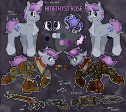 Size: 3600x3200 | Tagged: safe, artist:molars, oc, oc:amethyst rose, pony, unicorn, ashes town, fallout equestria, ashes town oc, colored, commission, cutie mark, fallout equestria oc, flat colors, grenades, gun, horn, laser weapon, magic, magic aura, metal, mouth grip gun, reference sheet, shading, solo, telekinesis, unshorn fetlocks, weapon
