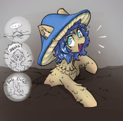 Size: 2332x2299 | Tagged: safe, artist:opalacorn, oc, oc only, oc:laralei, mushroom pony, original species, pony, blue mane, colored ear fluff, commission, cute, ear fluff, emanata, female, half body, hat, looking at you, mare, mushroom, mushroom hat, open mouth, open smile, smiling, smiling at you, snaggletooth, solo