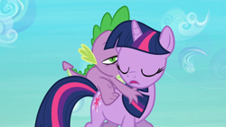 Size: 1920x1080 | Tagged: safe, screencap, spike, twilight sparkle, dragon, pony, unicorn, g4, the crystal empire, dragons riding ponies, eyes closed, female, horn, male, mare, out of context, outdoors, riding, spike riding twilight, unicorn twilight