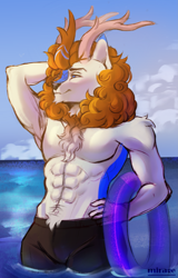 Size: 1891x2960 | Tagged: source needed, safe, artist:mirage, oc, oc only, kirin, anthro, abs, antlers, biceps, chest fluff, clothes, colored, curly mane, digital art, digital painting, fluff on the chest, full body, full color, fully shaded, high res, horns, inner tube, kirin oc, male, ocean, orange mane, pillow shading, pool toy, realistic anatomy, shorts, sketch, solo, summer, water, white coat