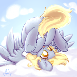 Size: 1000x1000 | Tagged: safe, artist:persikulka, derpy hooves, pegasus, pony, g4, :3, :p, bleh, butt, chest fluff, cloud, commission, cross-eyed, cute, derpabetes, dock, ear cleavage, ear fluff, female, fluffy, hoof heart, mare, on a cloud, pillow shading, playing with hair, plot, signature, sky, smiling, solo, spread wings, tail, tongue out, underhoof, upside down, wings, ych result
