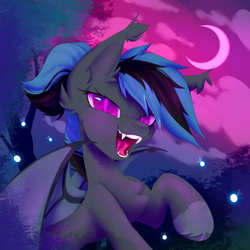 Size: 2048x2048 | Tagged: safe, artist:persikulka, oc, oc only, bat pony, firefly (insect), insect, pony, bat ears, bat pony oc, bat wings, chest fluff, crescent moon, ear fluff, fangs, high res, looking at you, moon, night, night sky, open mouth, outdoors, sky, slit pupils, solo, wings