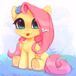 Size: 1293x1292 | Tagged: safe, artist:persikulka, artist:vensual99, fluttershy, pegasus, pony, g4, :p, chest fluff, chibi, cute, female, hoof heart, looking at you, mare, shyabetes, sitting, smiling, smiling at you, solo, tongue out, underhoof