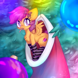 Size: 2003x2003 | Tagged: safe, artist:persikulka, scootaloo, pegasus, pony, g4, candy, candy cane, chest fluff, christmas, christmas stocking, christmas tree, clothes, cute, cutealoo, female, fluffy, food, high res, holiday, looking at you, mouth hold, socks, solo, spread wings, starry eyes, striped socks, the cmc's cutie marks, tiny, tiny ponies, tree, wingding eyes, wings