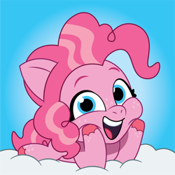 Size: 1322x1322 | Tagged: safe, artist:prixy05, pinkie pie, earth pony, pony, g4, g5, my little pony: tell your tale, blue background, cloud, cute, diapinkes, female, filly, filly pinkie pie, foal, g4 to g5, generation leap, happy, looking at you, lying down, on a cloud, open mouth, open smile, parody, prone, simple background, smiling, smiling at you, solo, weapons-grade cute, younger