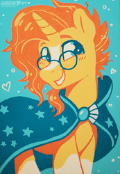 Size: 1245x1800 | Tagged: safe, artist:dandy, sunburst, unicorn, g4, acrylic painting, beard, blushing, cloak, clothes, coat markings, facial hair, glasses, heart, horn, limited palette, looking at you, male, messy mane, smiling, socks (coat markings), solo, stallion, traditional art