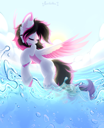 Size: 2600x3200 | Tagged: safe, artist:persikulka, artist:persikulkahouse, oc, oc only, oc:lunylin, pegasus, pony, collar, eyes closed, female, flying, high res, mare, outdoors, pegasus oc, solo, spread wings, sun, water, wings