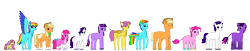 Size: 4876x999 | Tagged: safe, artist:coolgear10, applejack, fluttershy, pinkie pie, rainbow dash, rarity, twilight sparkle, deer, donkey, earth pony, pegasus, pony, unicorn, g4, applejack (male), applejack's hat, bow, bubble berry, butterscotch, chest fluff, closed mouth, clothes, cloven hooves, colored wings, cowboy hat, diverse body types, dusk shine, ear fluff, elusive, feathered fetlocks, feathered wings, female, flower, flower in hair, flutterdeer, glasses, goggles, hat, hoof polish, horn, horseshoes, lanky, leonine tail, looking at you, male, mane six, mare, messy mane, multicolored hair, multicolored mane, multicolored wings, one eye closed, petite, petiteshy, ponytail, rainbow blitz, rainbow hair, rainbow tail, rainbow wings, rule 63, scar, scarf, simple background, size chart, size comparison, skinny, smiling, smol, smolshy, spread wings, stick in tail, tail, tail bow, tallerdash, tallershy, thin, transparent background, unicorn horn, unicorn twilight, wings, wink