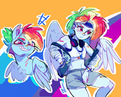 Size: 1346x1080 | Tagged: safe, artist:rr29578979, rainbow dash, human, pegasus, pony, bandaid, bandaid on nose, grin, human ponidox, humanized, self paradox, self ponidox, smiling, winged humanization, wings