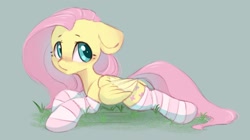 Size: 1280x719 | Tagged: safe, artist:melodylibris, fluttershy, pegasus, pony, g4, blushing, clothes, cute, female, floppy ears, folded wings, grass, green background, looking back, lying down, mare, prone, shyabetes, simple background, socks, solo, sploot, striped socks, wings