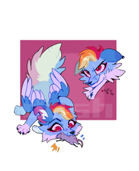 Size: 2110x2598 | Tagged: safe, artist:rr29578979, rainbow dash, dog, mouse, rat, g4, carnivore, confident, dogified, fangs, food chain, predator, prey, rainbow dog, red eyes, species swap, torn ear, winged dog, wings