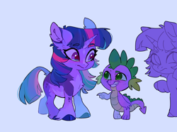 Size: 2598x1928 | Tagged: safe, artist:rr29578979, spike, twilight sparkle, dragon, pony, unicorn, g4, alternate design, coat markings, colored hooves, ear fluff, facial markings, female, horn, leonine tail, looking at each other, looking at someone, male, simple background, star (coat marking), tail, unicorn twilight